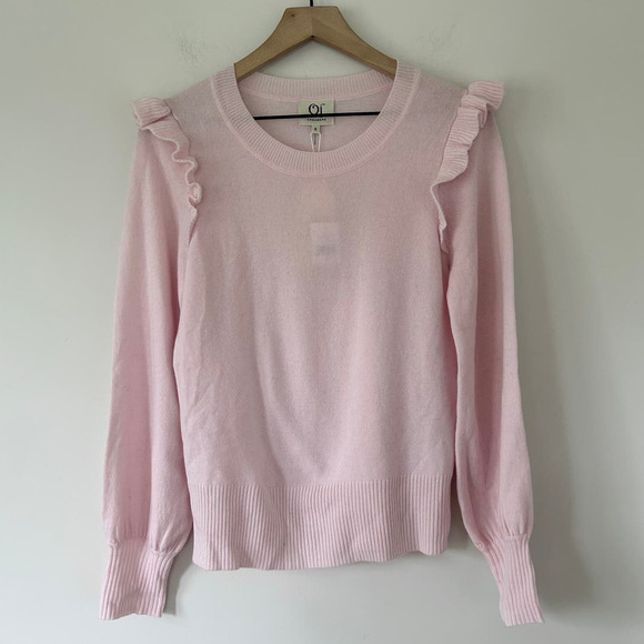 NWT Qi Cashmere Pale Pink Ruffle Crew-Neck Sweater Small - Picture 1 of 6